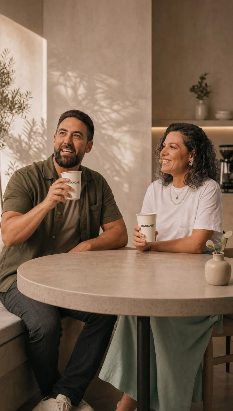 Casal tomando café com copos HANGAR7